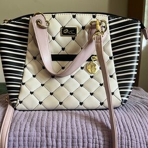 Betsey Johnson Black and White Striped Shoulder Bag with Pink Accents